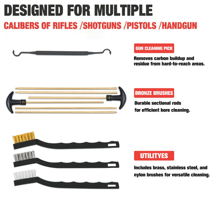 Universal Gun Cleaning Kit with Carry Case, Folding Stand, CLP Wipes, Solid Brass Rods for Rifle Shotgun Handgun