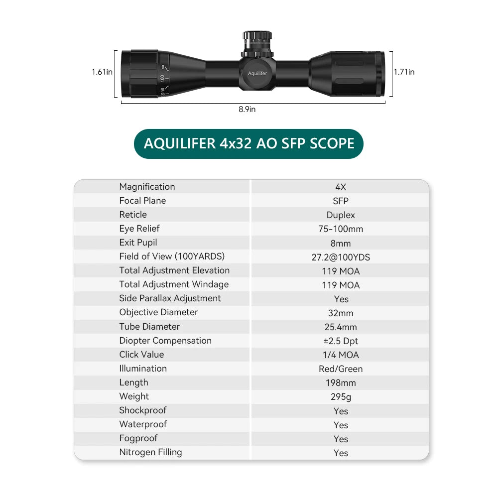 Aquilifer 4X32 Red Green Illumination Rifle Scope 22LR AO SFP FMC Zero Stop Hunting Scope for Outdoor Training And Competition