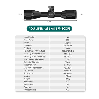 Aquilifer 4X32 Red Green Illumination Rifle Scope 22LR AO SFP FMC Zero Stop Hunting Scope for Outdoor Training And Competition