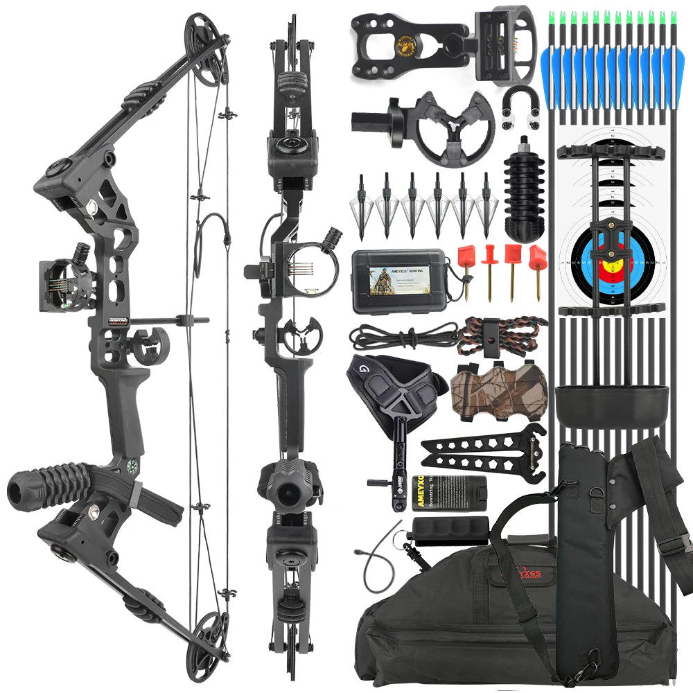Compound Bow Arrow Set with Spine 500 Carbon Arrows 20-70lbs Adjustable Draw Weight 320FPS High-Strength Alloy Handle RH/LH for Adults Beginners Hunting Shooting Target Practice Outdoor Sports Accessories