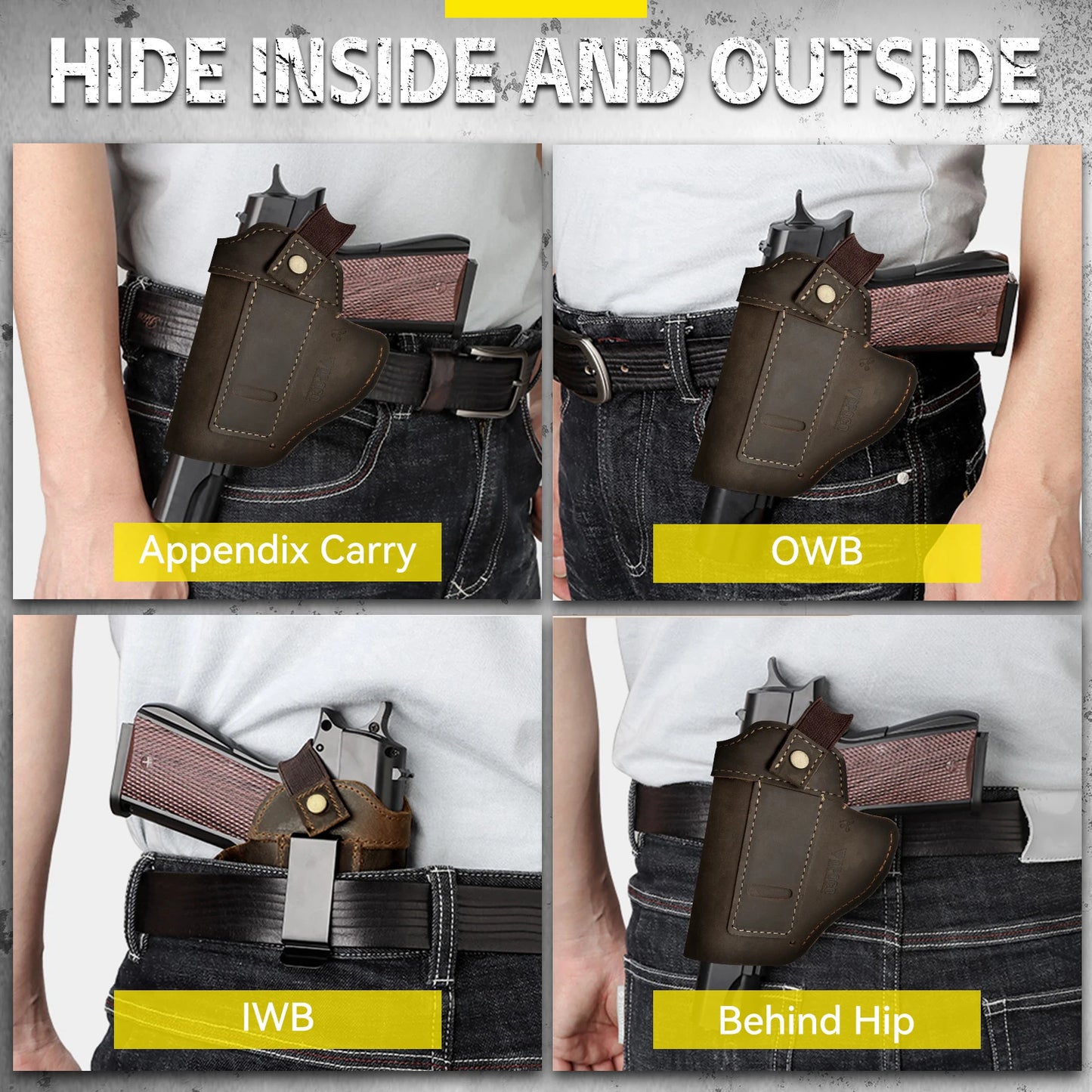 OPOCO Genuine Crazy Horse Leather 1911 Holster IWB OWB Concealed Carry Belt Clip Left Right Hand Universal Pistol Holster