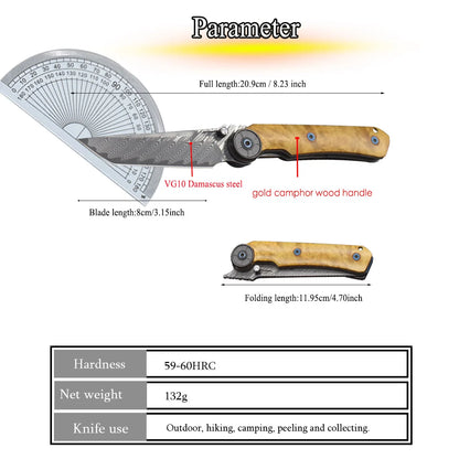 VG10 Damascus Steel Camphor Wood Handle Knife With Back Clip Folding Outdoor Camping Fishing Portable Tools Collecting Gifts EDC