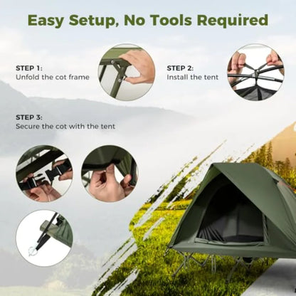 2-Person Tent Cot 3 in 1 Folding Off-Ground Cot Bed Combo with Portable Wheeled Bag Waterproof Rainfly 2 Mesh Doors and Skyligh