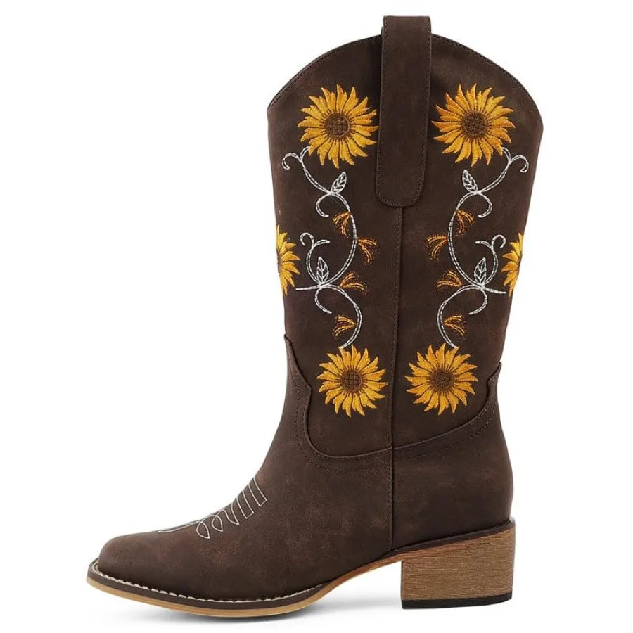 Cowboy Boots for Women Square Toe Mid Calf Western Cowgirl Boots with Sunflower Embroidery, Chunky Heel, Pull On Design
