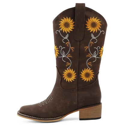 Cowboy Boots for Women Square Toe Mid Calf Western Cowgirl Boots with Sunflower Embroidery, Chunky Heel, Pull On Design