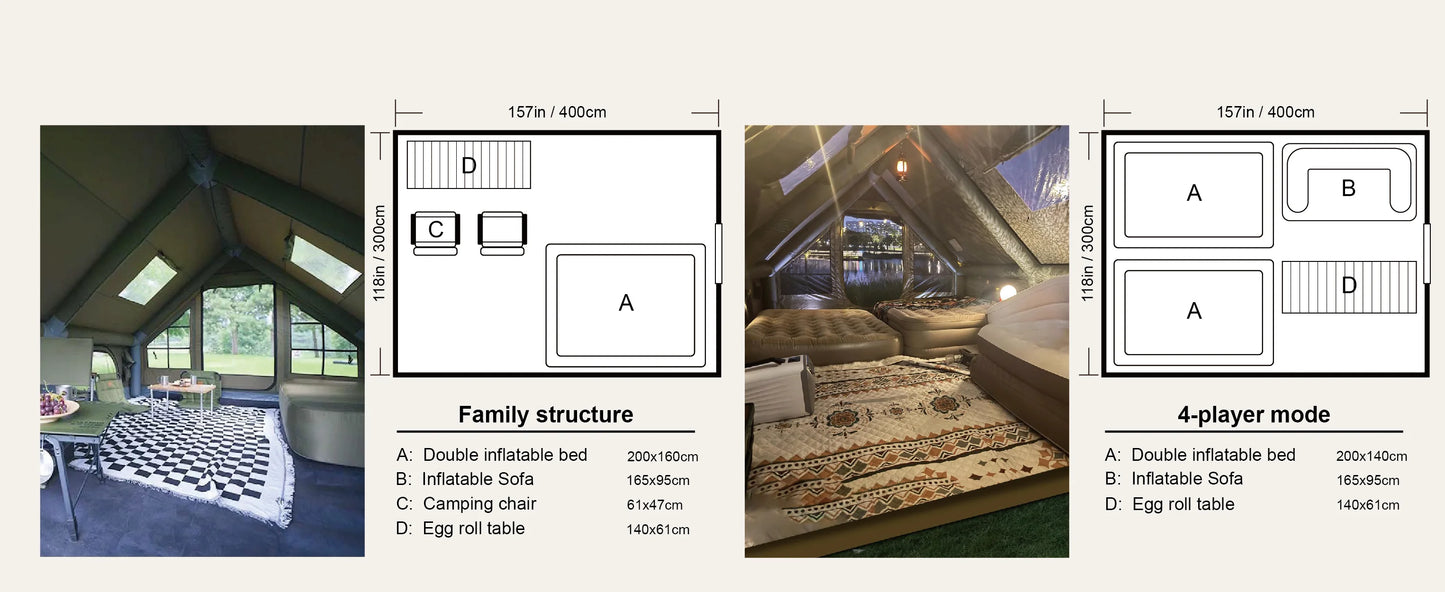 SENLEETO 129 Square Feet Inflatable Glamping Tent 4-8 Person for Camping,4 Season Blow up Tent with Stove Jack&AC Vent,Easy Setup Air Tent with High Pressure Pump