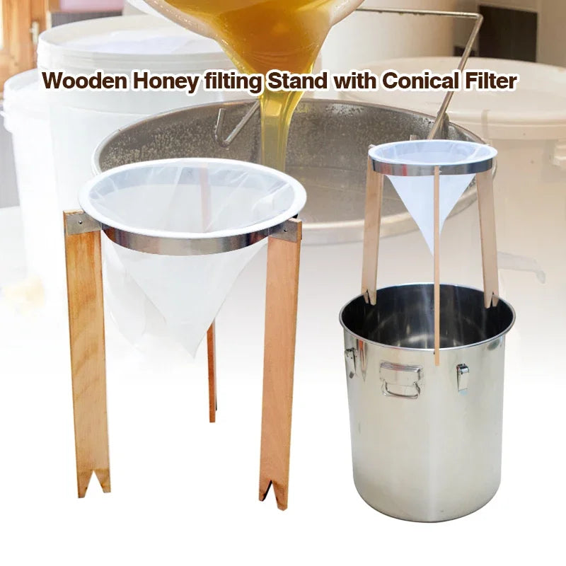 Bee Honey Filter Wooden Honey Filtering Stand with Nylon Impurities Filtration Net Beekeeping Honey Processing Beekeeper Tools