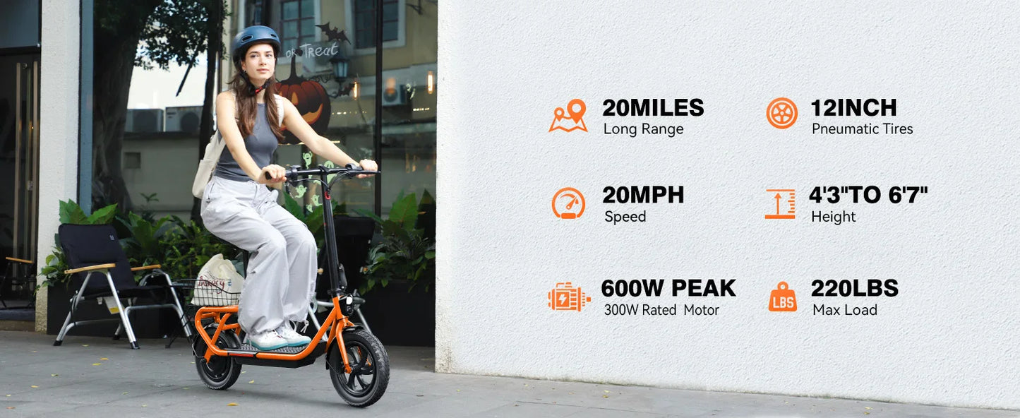 SISIGAD C10 600W Electric Bicycle, 19MPH top speed, 20-mile range, with seat, shock absorbers, folding design, and dual brakes.