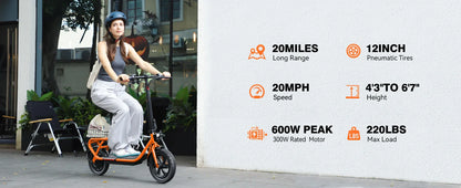 SISIGAD C10 600W Electric Bicycle, 19MPH top speed, 20-mile range, with seat, shock absorbers, folding design, and dual brakes.