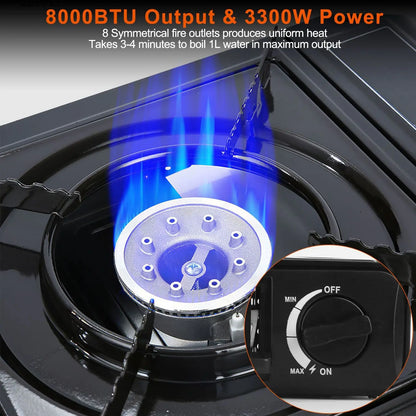3300W portable camping stove dual fuel burner electric ignition outdoor windproof energy-saving gas stove with automatic fuel tank injection overpressure cut-off portable case suitable for camping, picnicking, traveling, back