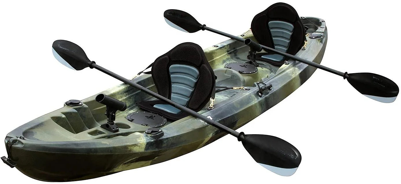 Outdoors Hard  Plastic Fishing Tandem Kayak, 2 or 3 Person Sit on Top Kayak Package with 2 EVA Padded Seats