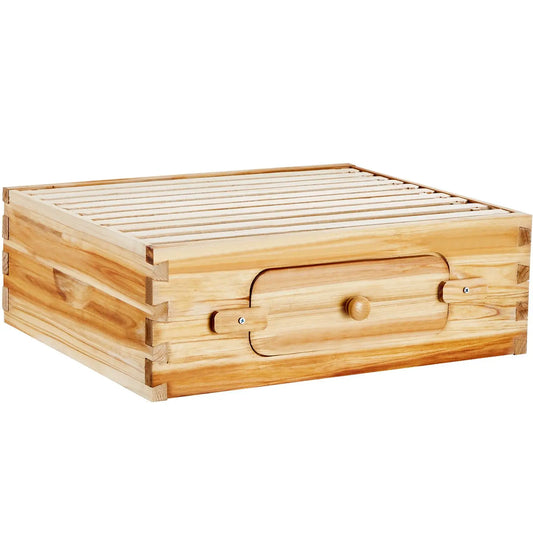 Bee Hive Medium Box Starter Kit Beeswax Coated Natural Fir Wood with 10 Frames Foundations and Transparent Acrylic Windows for beginners and Professional Beekeepers