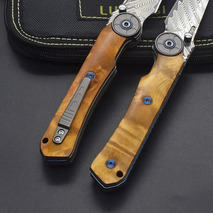 VG10 Damascus Steel Camphor Wood Handle Knife With Back Clip Folding Outdoor Camping Fishing Portable Tools Collecting Gifts EDC