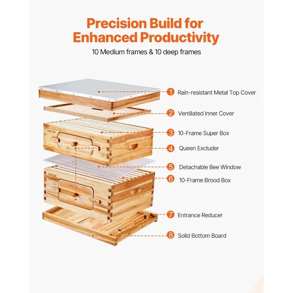 Bee Hive 20 Frame Bee Hives Starter Kit, Beeswax Coated Fir Wood, 1 Deep + 1 Medium Bee Boxes