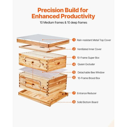 Bee Hive 20 Frame Bee Hives Starter Kit, Beeswax Coated Fir Wood, 1 Deep + 1 Medium Bee Boxes