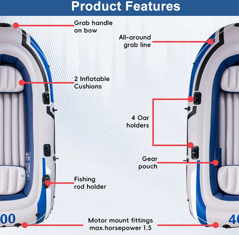 2-4 Person Inflatable Kayak Boat, Heavy Duty PVC Raft Canoe for Fishing Rafting Water Sports, Blue White & Yellow