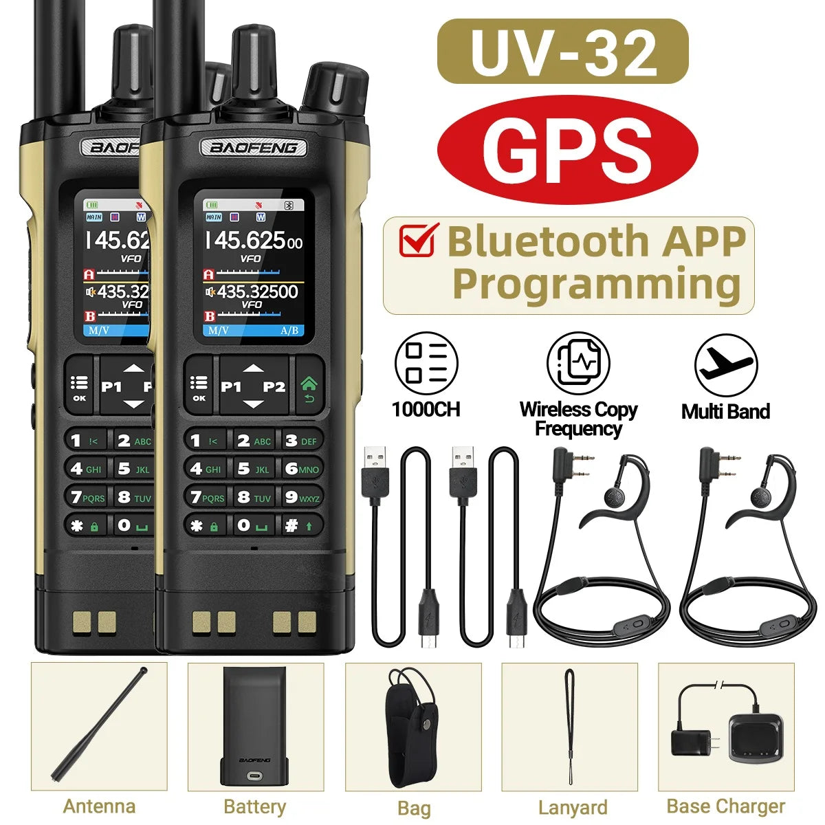 BAOFENG UV-32 10W Walkie Talkie Multi Band GPS Bluetooth Phone APP Programming Type-C NOAA for UV-5R Amateur Ham Two Way Radio