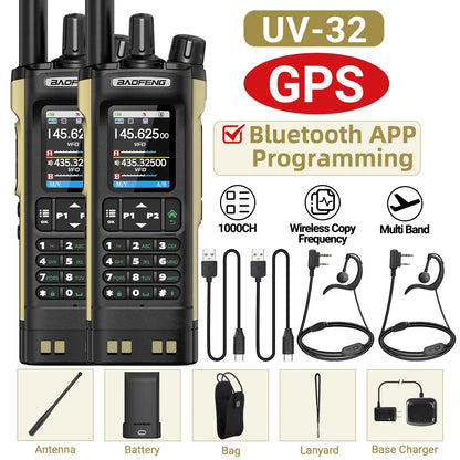 BAOFENG UV-32 10W Walkie Talkie Multi Band GPS Bluetooth Phone APP Programming Type-C NOAA for UV-5R Amateur Ham Two Way Radio