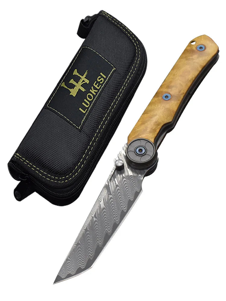 VG10 Damascus Steel Camphor Wood Handle Knife With Back Clip Folding Outdoor Camping Fishing Portable Tools Collecting Gifts EDC