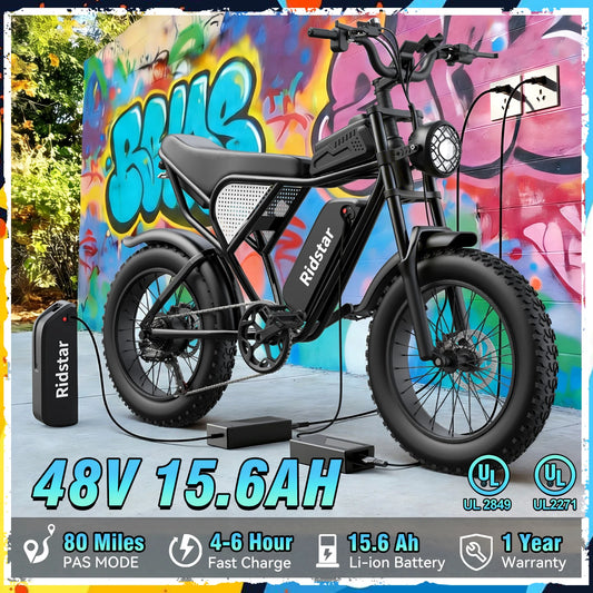 Ridstar Electric Bike for Adults Peak 1500W 31 MPH 48V 15.6AH MINI30 E-Bike Electric Bicycle 20x4" Fat Tire Mountain Bike