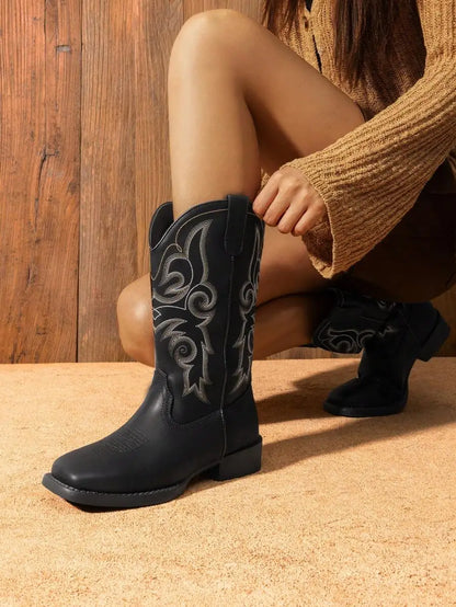 Womens Western Cowboy Boots Embroidered Square Toe Chunky Low Heel Mid Calf Fashion