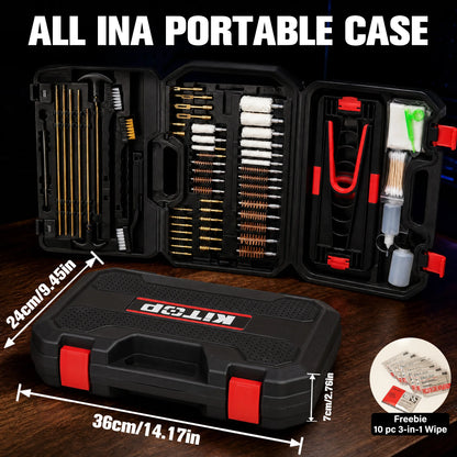 Universal Gun Cleaning Kit with Carry Case, Folding Stand, CLP Wipes, Solid Brass Rods for Rifle Shotgun Handgun