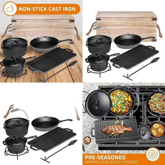7-Piece Pre-Seasoned Cast Iron Camping Cookware Set with Dutch Oven and Lids for Outdoor Cooking and Grilling