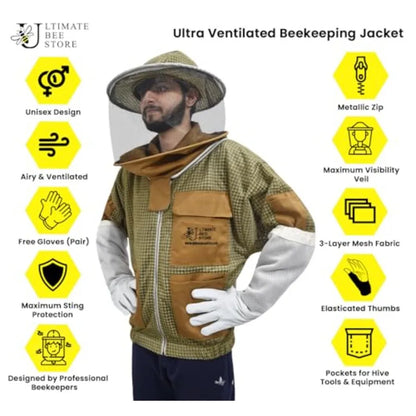 Ultra Ventilated Bee Jacket Beekeepers 3 Layer Beekeeping Jacket Sting Resistant Apiarist Jacket for Men and Women with Pair of