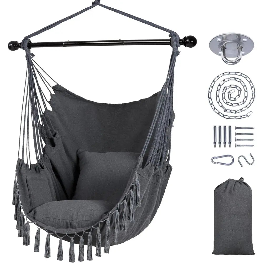 Steel Bar Hammock Swing Chair - Large Seat for Patio, Garden, Bedroom in Gray