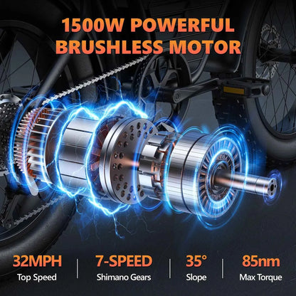 Kickwey K7 Electric bike 1500W Motor 48V 23AH Adult Electric bicycle 20 Inch Fat Tire 32MPH 7-Speed Mountain electric bike