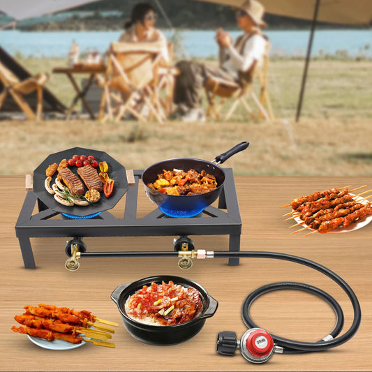 Portable Double Burner Outdoor Gas Stove Propane Cooker with Adjustable 0-10Psi Regulator Hose for Patio Camping, BBQ, Home