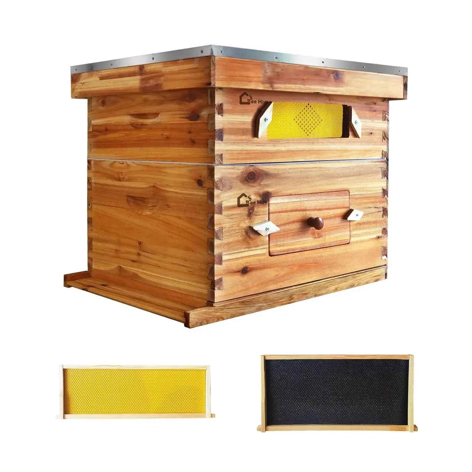 10-Frame Complete Beehive Kit, Wax Coated Bee Hives for Beginner, Includes 1 Deep Box and 1 Medium Bee Box with Acrylic Window, Beehives Frames and Wax Foundations for Beekeeping Supplement