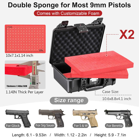 Hard Pistol Case, Waterproof Shockproof Lockable Handgun Case with Foam, TSA Compliant Travel Case for Semi-Auto Pistols and Revolvers
