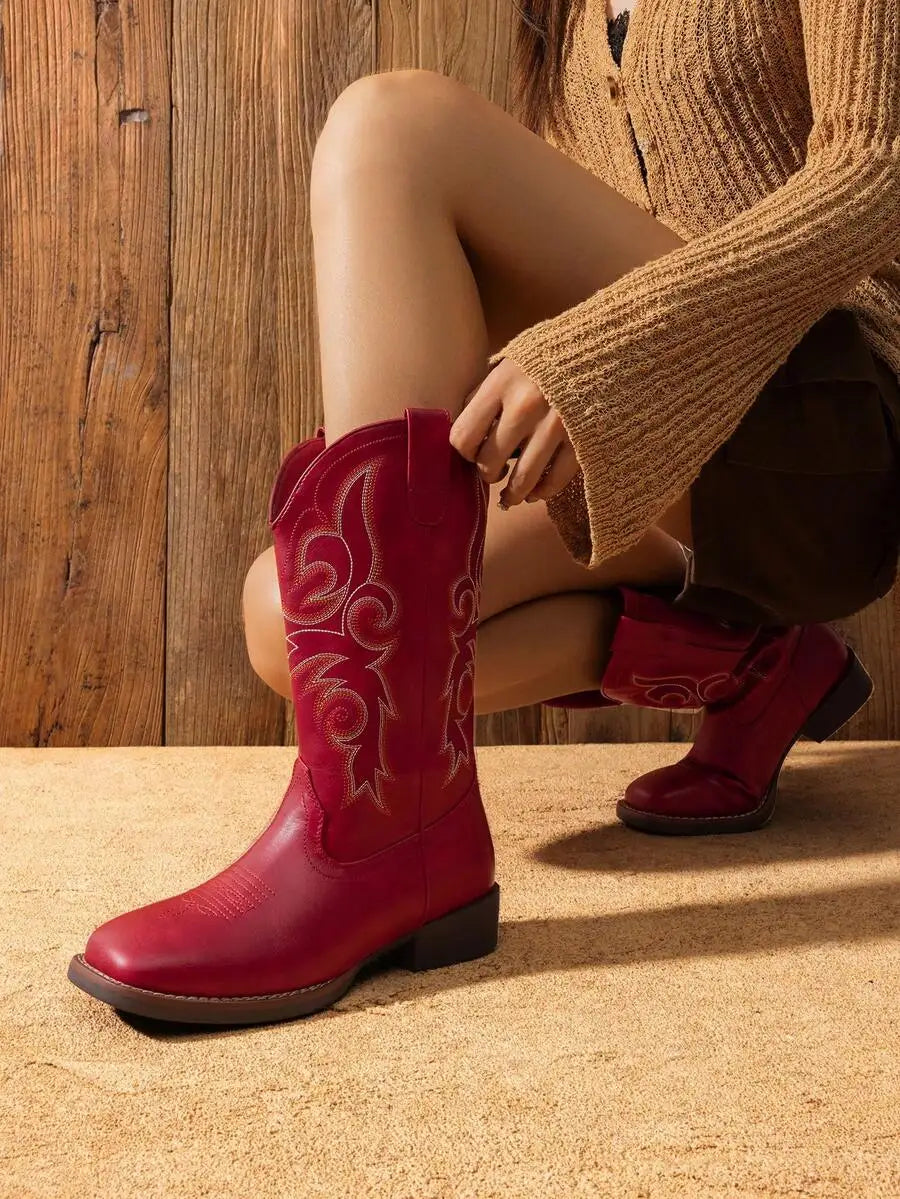 Womens Western Cowboy Boots Embroidered Square Toe Chunky Low Heel Mid Calf Fashion