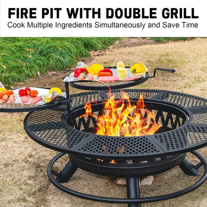 47 Inch Fire Pit with 2 Grills, Outdoor Extra Large Firepits for Outside, Wood Burning Fireplace for Camping, Picnic, Bonfire