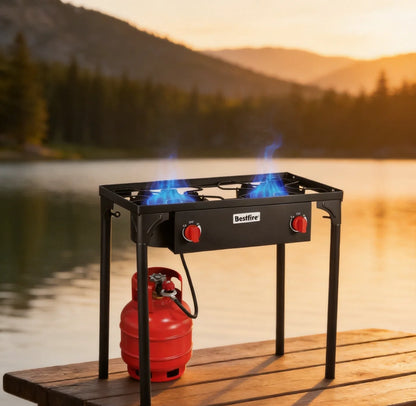 BESTFIRE 2 Burner Camping Stove 150000 BTU High Pressure Outdoor Propane Grill With 4ft 20 PSI Regulator Hose Removable Legs for Backyard Cooking BBQ Picnic Tailgate