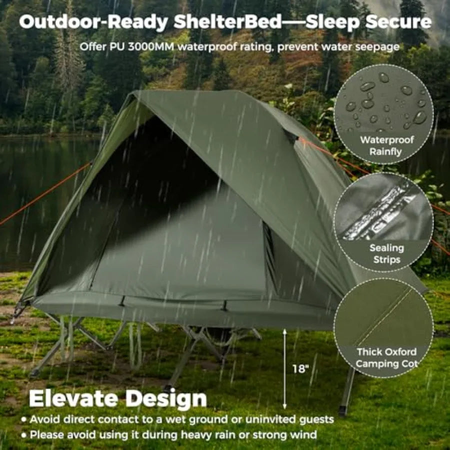 2-Person Tent Cot 3 in 1 Folding Off-Ground Cot Bed Combo with Portable Wheeled Bag Waterproof Rainfly 2 Mesh Doors and Skyligh