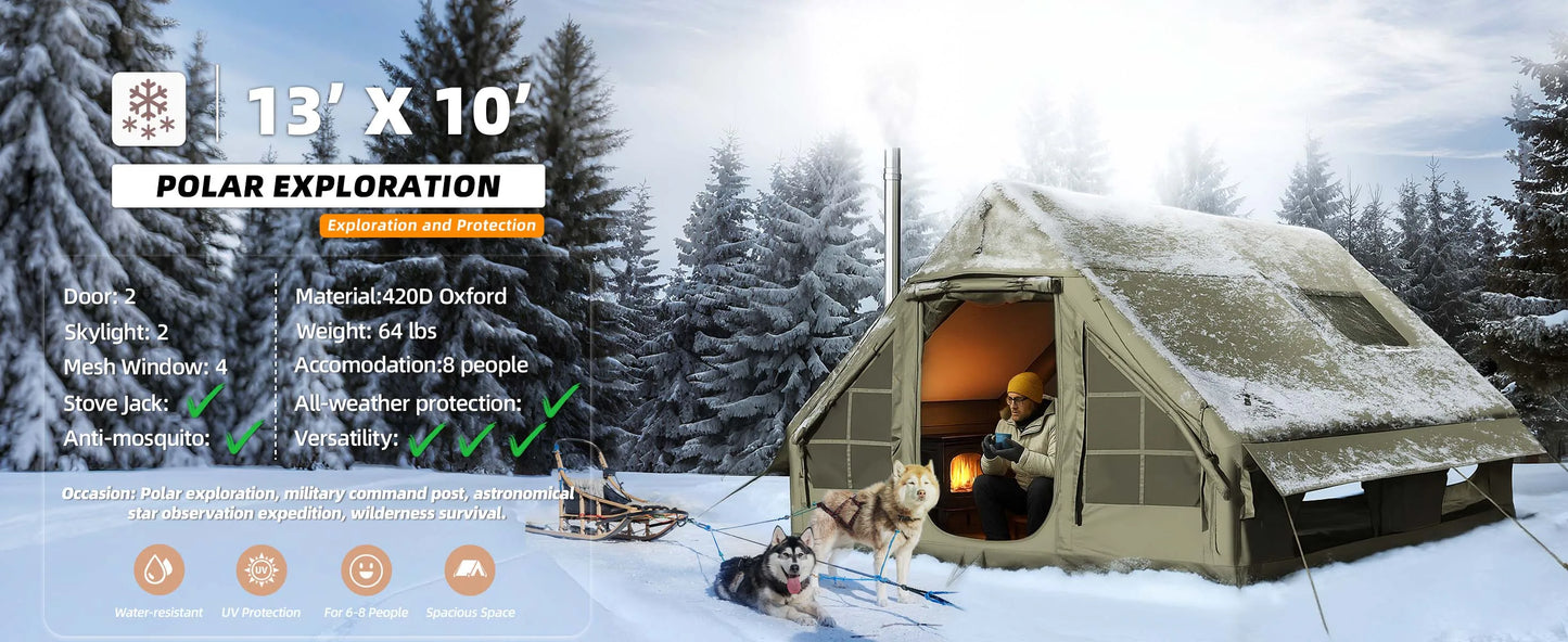 SENLEETO 129 Square Feet Inflatable Glamping Tent 4-8 Person for Camping,4 Season Blow up Tent with Stove Jack&AC Vent,Easy Setup Air Tent with High Pressure Pump
