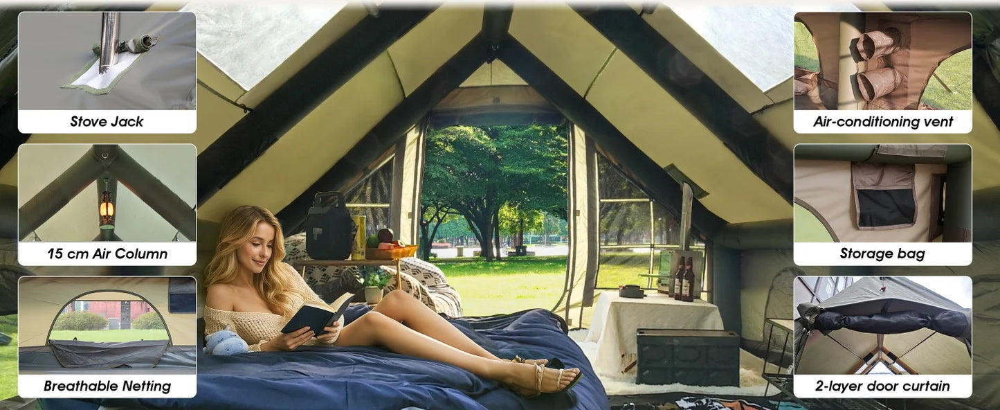 SENLEETO 129 Square Feet Inflatable Glamping Tent 4-8 Person for Camping,4 Season Blow up Tent with Stove Jack&AC Vent,Easy Setup Air Tent with High Pressure Pump