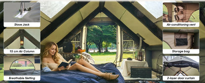 SENLEETO 129 Square Feet Inflatable Glamping Tent 4-8 Person for Camping,4 Season Blow up Tent with Stove Jack&AC Vent,Easy Setup Air Tent with High Pressure Pump