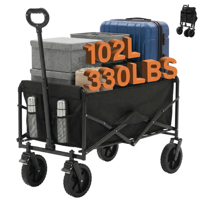JHK 102L Heavy Duty Collapsible Wagon Cart Utility Folding Wagon with Wheels 330 lbs Weight CapacityFlexible Handle for Camping