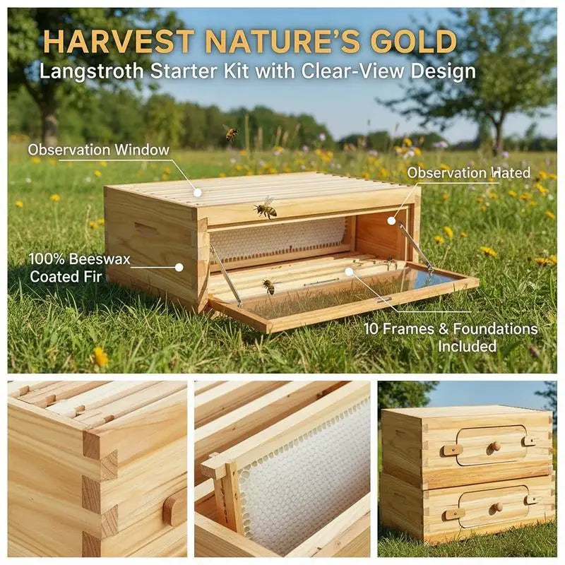 Natural Fir Wood Honey Super 19-7/8" x 16-1/4" x 6-5/8" For Apiary Backyard Orchard, Langstroth Hive 10 Frames Foundations Beeswax Coated Transparent Observation Windows Medium Size Professional Beekeeping Equipment