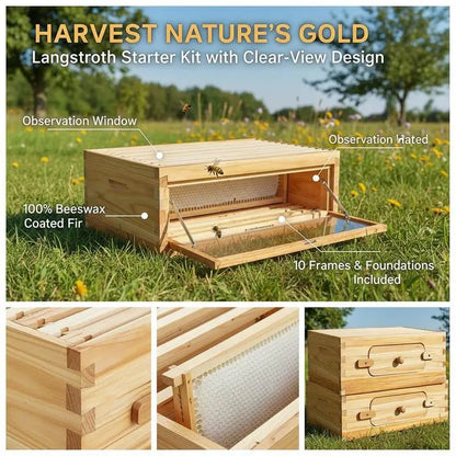 Natural Fir Wood Honey Super 19-7/8" x 16-1/4" x 6-5/8" For Apiary Backyard Orchard, Langstroth Hive 10 Frames Foundations Beeswax Coated Transparent Observation Windows Medium Size Professional Beekeeping Equipment
