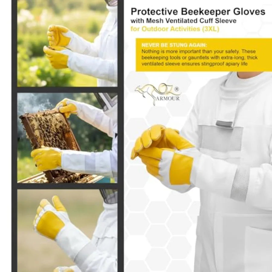Beekeeping Gloves - Protective Beekeeper Gloves with Mesh Ventilated Cuff Sleeve for Outdoor Activities