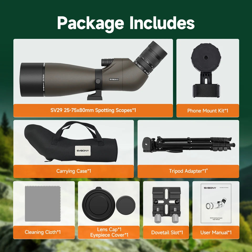 Svbony SV29 Spotting Scope 25-75x80mm FMC 57° Wide Angle Removable 1.25" Eyepiece Telescope for Target Shooting Archery