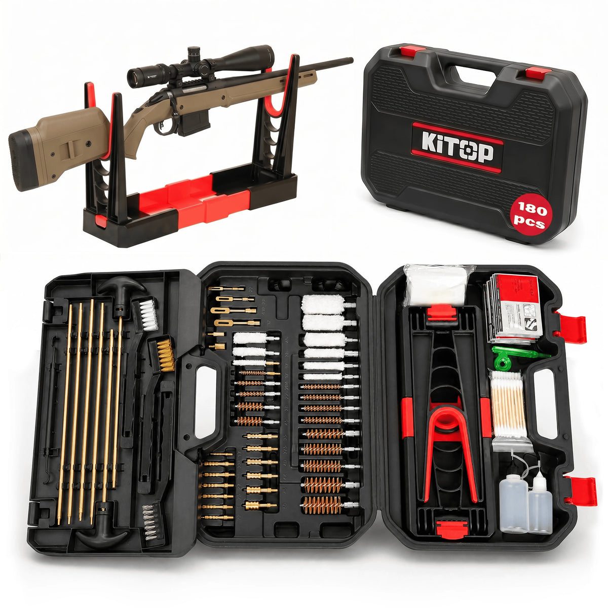 Universal Gun Cleaning Kit with Carry Case, Folding Stand, CLP Wipes, Solid Brass Rods for Rifle Shotgun Handgun