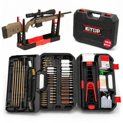 Universal Gun Cleaning Kit with Carry Case, Folding Stand, CLP Wipes, Solid Brass Rods for Rifle Shotgun Handgun
