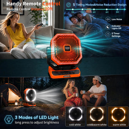 Portable Camping Fan 40000mAh Rechargeable Battery Powered Fan With Remote Timer LED Light 5 Speeds For Tent Travel Car Outdoor