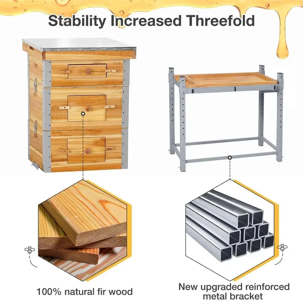 Bee Hive Box Starter Kit with Metal Stand Cedarwood Beehive with 10 Medium amp 20 Deep Frames, Full Beeswax Coating, Outdoor Ba