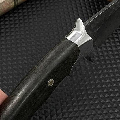 Hand-forged hammered fixed wooden-handled knife, survival knife, camping, with protective cover, D2 steel forged.